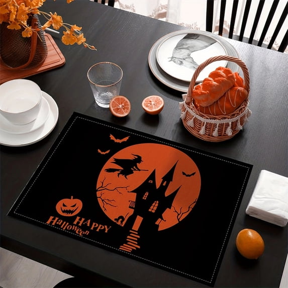 sruoe Halloween Placemats, Table Mats Dining, Linen Heat Resistant Mats, Table Cloth, Pumpkin Ghost Place Mats, Kitchen Mats, Reusable Portable Place Mats for Halloween Thanksgiving Party Decor