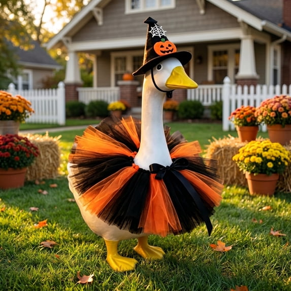 sruoe Halloween Porch Goose Outfit, 23in Yard Goose Clothes, Lawn Goose Costume, Patio Goose Dress Tulle Skirt With Pumpkin Pattern Hat Goose Ornament Accessory for Yard Garden Porch Party, Orange