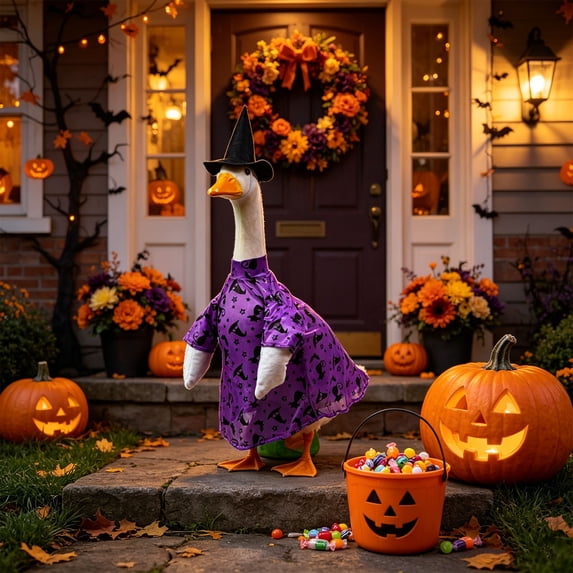 sruoe Halloween Porch Goose Outfit, 23in Yard Goose Clothes, Lawn Goose Costume, Patio Goose Dress Witch Pattern Goose Statue Accessory for Courtyard Entryway Veranda Farmhouse Outdoor Decor