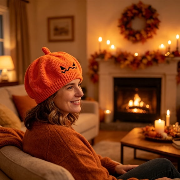 sruoe Halloween Pumpkin Face Knit Beret, Embroidered Knitted Party Beanie, Halloween Costume Accessory, Seasonal Headwear for Masquerade, Gathering, Daily Outfit