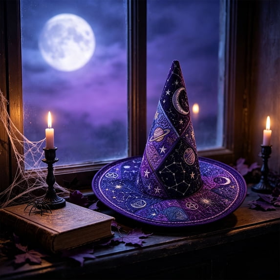 sruoe Halloween Quilted Witch Hat, Mystical Wizard Headwear, Halloween Party Accessory, Halloween Holiday Decor for Costume Match,Themed Gathering,Shelf Display
