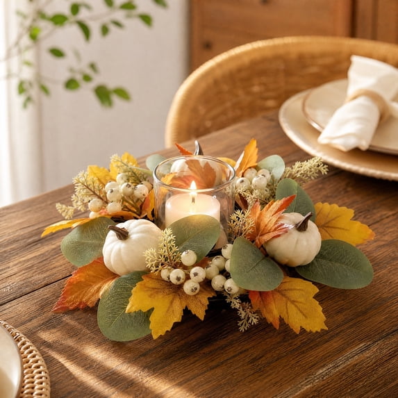 sruoe Halloween Rustic Artificial Pumpkin Candle Ring Wreath, Halloween Table Decor, Indoor Halloween Decor for Halloween Dining Table, Mantel, Window Sill Layout