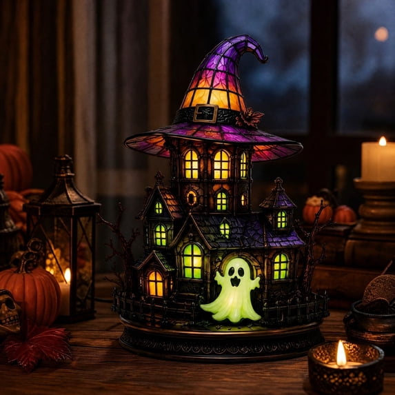 sruoe Halloween Stained Glass House Table Lamp, Witch Hat LED Light Prop, Halloween Seasonal Desktop Ornament, Halloween Holiday Decor for Tabletop Mantel Shelf