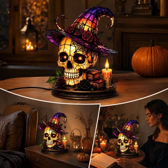 sruoe Halloween Stained Glass Skull Table Lamp, Witch Hat LED Light Prop, Halloween Seasonal Desktop Ornament, Halloween Holiday Decor for Tabletop Mantel Shelf