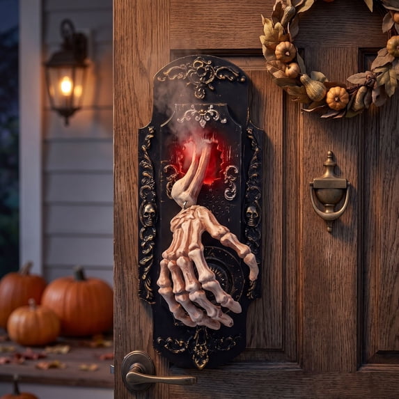 sruoe Halloween Voice‑Activated Skeleton Hand Doorbell, Light Mist Prank Wall Ornament, Halloween Spooky Accent, Halloween Horror Vibe Decor for Front Door Porch Bar Wall Entryway