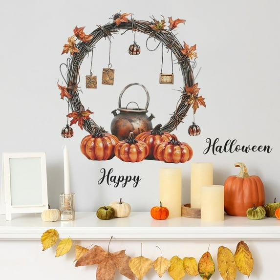 sruoe Halloween Wall Stickers, Halloween Indoor Decoration, Halloween Pumpkin Wreath Decor Decals Sticker, Halloween Party Decor, Halloween Home Decorations