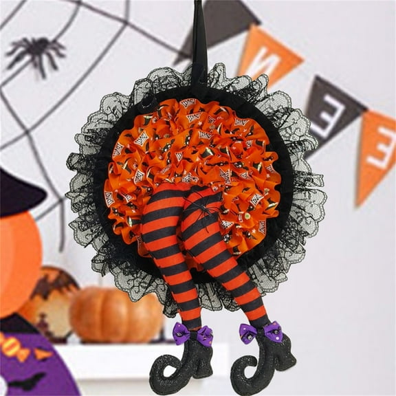 sruoe Halloween Witch Wreaths with Hat Legs for Front Door for Indoor, Outdoor, Party, Fall Harvest, Halloween, Thanksgiving Decoration