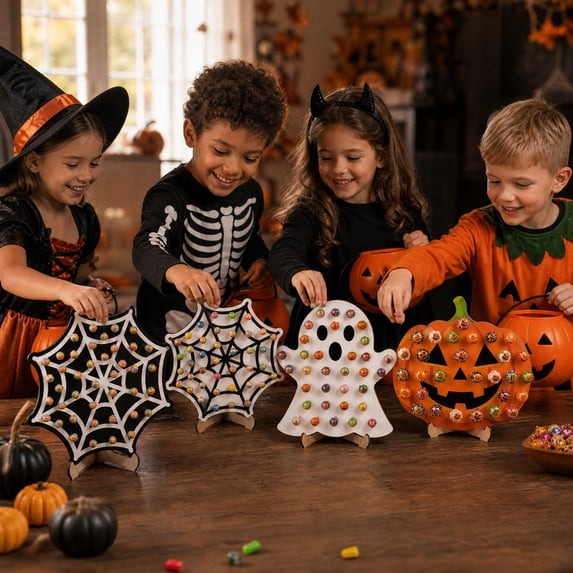 sruoe Halloween Wooden Lollipop Stand 4‑Pack, Assorted Shapes Candy Display Rack Set, Halloween Spooky Accent, Halloween Party Vibe Decor for Dessert Table Counter Mantel Tabletop