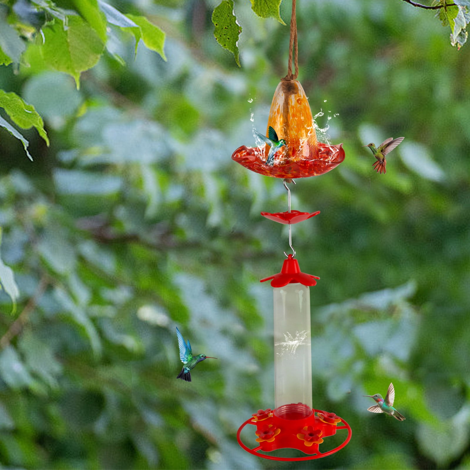 sruoe Hummingbird Feeder, Hanging Hummingbird Feeder Outdoor, Small Hummingbird Feeders, Ant Moat Perch Decor Bird Feeders for Garden Patio Window Backyard, Glass