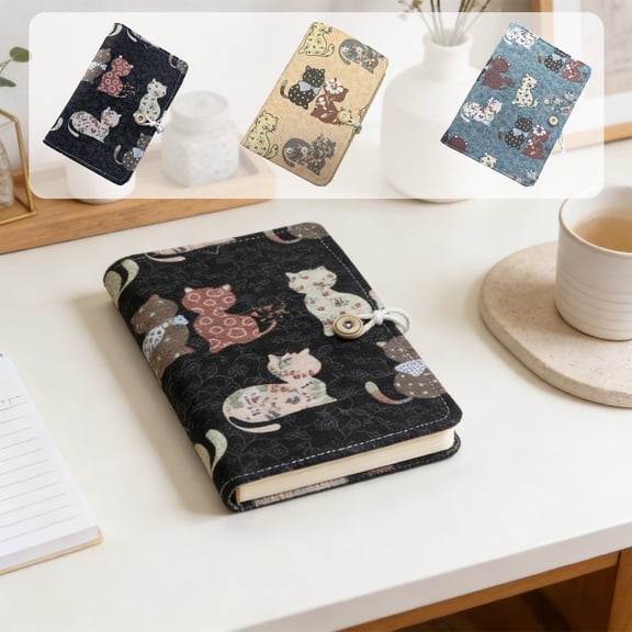 sruoe Notebook Journal, Journal Notebook with Cute Cat Print Fabric Cover, A5 Lined Notebook with Button Closure, for Work Office& Daily Journaling, 8.27" x 5.83"