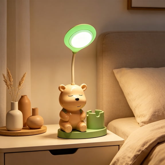 sruoe Pencil Holder, 2 in 1 Cute Bear Shaped LED Desk Lamp with Side Pen Holder, Flexible Gooseneck Eye-Caring Reading Light, Portable Cartoon Bedside Night Lamp for Study, Bedroom Decor