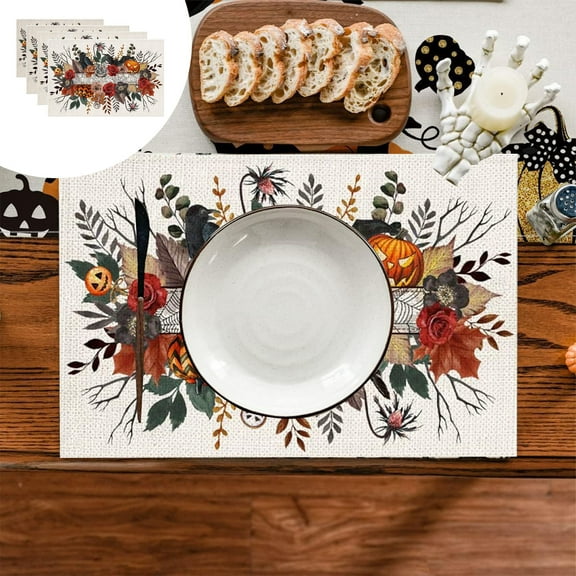 sruoe Placemats Set of 4, Table Mats for Dining Table, Heat Proof Mat, Table Linens, Pumpkin Ghost Place Mats, Kitchen Mats, Reusable Portable Place Mats for Halloween Thanksgiving Party Decor