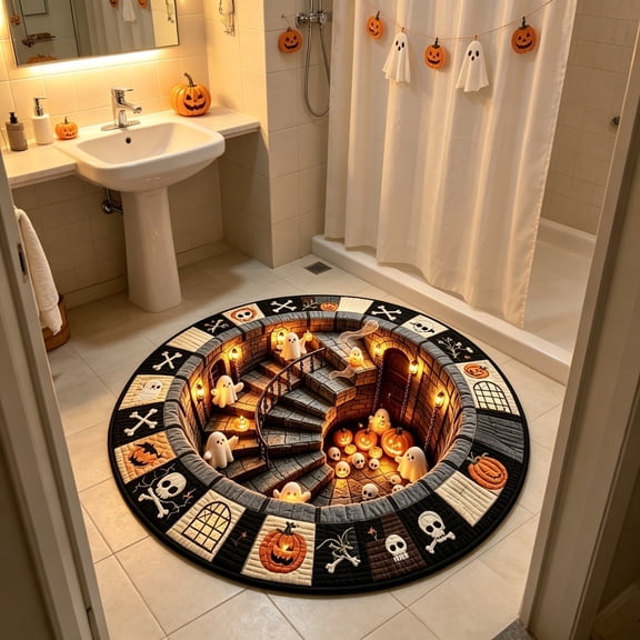 sruoe Spooky Ghost 3D Visual Round Halloween Rug, Eerie Illusion Floor Mat, Scary Halloween Decorations for Living Room, Bedroom, Entryway