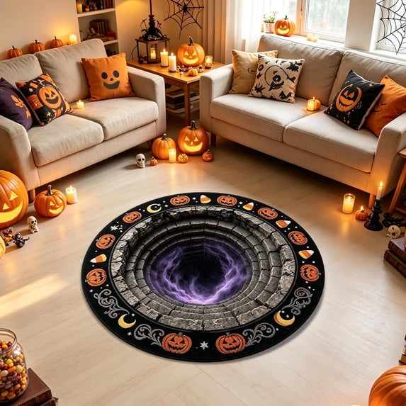 sruoe Spooky Ghost 3D Visual Round Halloween Rug, Eerie Illusion Floor Mat, Scary Halloween Decorations for Living Room, Bedroom, Entryway