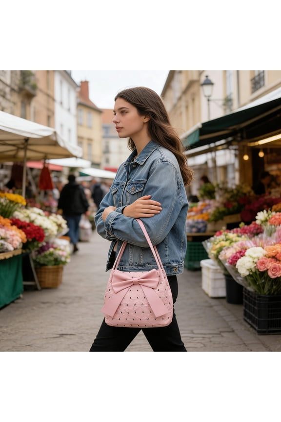 Tote Bag, Tote Bag for Women, Bow Accent Nylon Handbag, Mini Shoulder Tote, Lightweight Slouchy Bag for Casual Errands, Brunch Dates, City Strolls, Shopping and Work