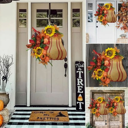 sruoe Wreaths for Front Door Clearance Pumpkin Maple Leaf Wreath for Indoor, Outdoor, Party, Fall Harvest, Halloween, Thanksgiving Decoration