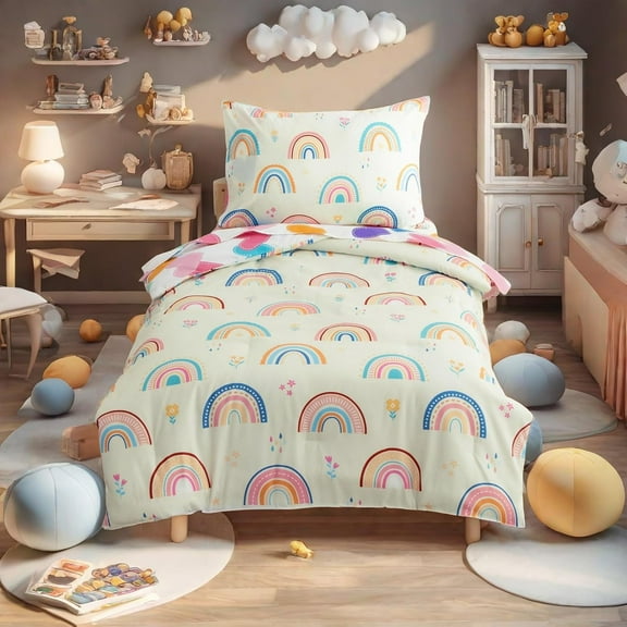 NTBED 4 Pieces Ultra Soft Toddler Bedding Set Cartoon Love Hearts Flowers and Grass Rainbow Pattern Comforter Sets for Baby Girls Boys Multi-Color