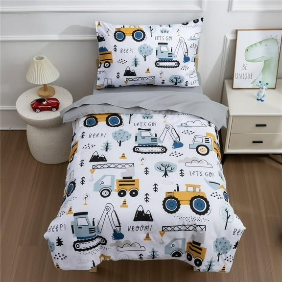 NTBED 4 Pieces Construction Toddler Bedding Set for Baby Boys,Tree Truck Vehicles Excavator Cars Printed Grey
