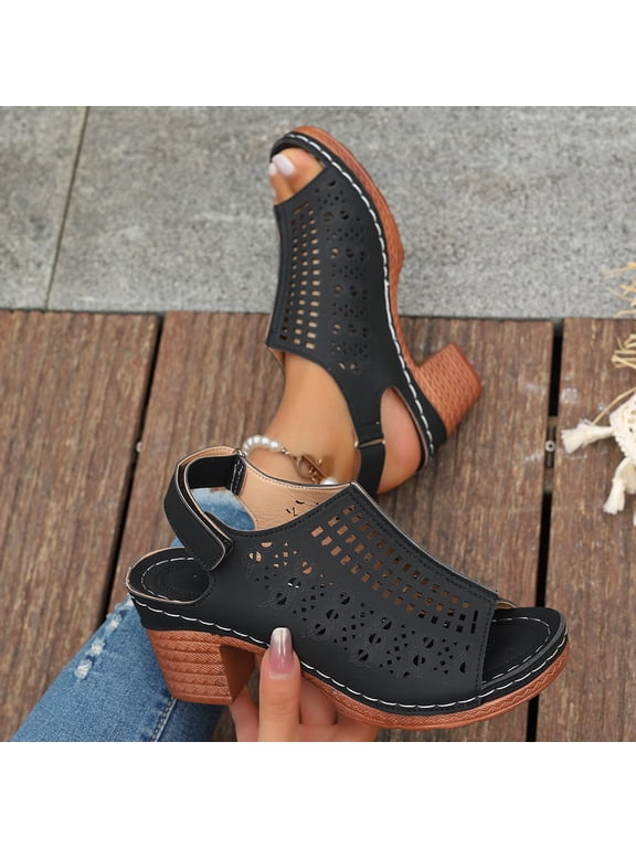 Black Sandals,Platform Sandals Women,Sandals for Women,Round Toe,Thick,Cutout,Casual,Black,Free Size