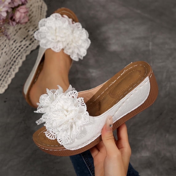 ATENAR Womens Sandals,Sandals for Women,Peep Toe,Platform,Wedge,Pull-On,White,6
