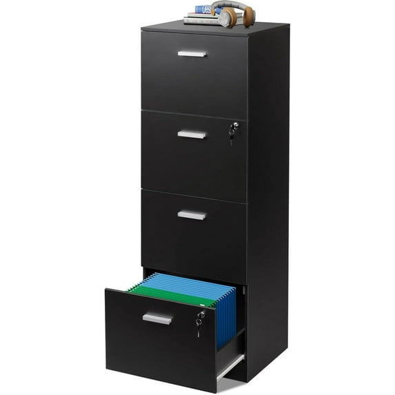 ssybab 4 Drawer File Cabinet with Lock, Vertical Filing Cabinet for A4/Letter Size Files, Wood Storage Organizer for Home Office, Black