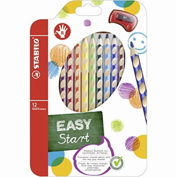 stabilo easycolors colouring pencils for right-handers comfortable grip with sharpener - assorted colours (wallet of 12)