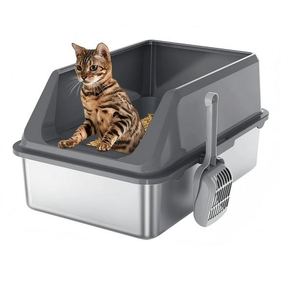 BN-LINK Stainless Steel Cat Litter Box with Scoop, XL Extra Large Litter Box for Big Cats, Metal Litter Box High Sided, Anti-Leakage, Non-Sticky, Easy Cleaning