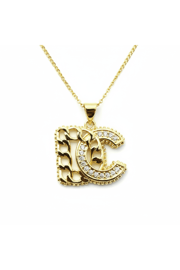 stainless steel alphabet dc pendant necklace gold plated with cubic zirconia stone fancy charm 22x20mm with 18 inch cable chain handmade jewelry |SN_CHP_0045