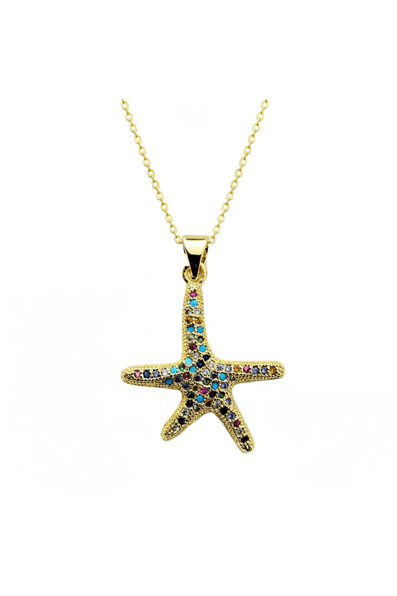 stainless steel chakra starfish pendant necklace gold plated with multi stone star charm 25x21mm with 18 inch cable chain handmade jewelry |SN_CHP_0134