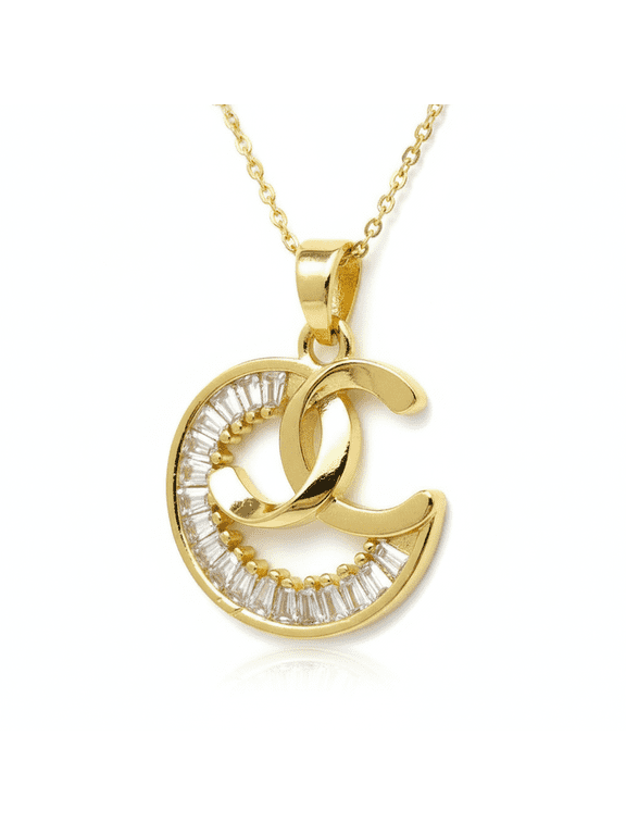 stainless steel double c pendant necklace gold plated with cubic zirconia stone fancy charm 18x16mm with 18 inch cable chain handmade jewelry |SN_CHP_0018