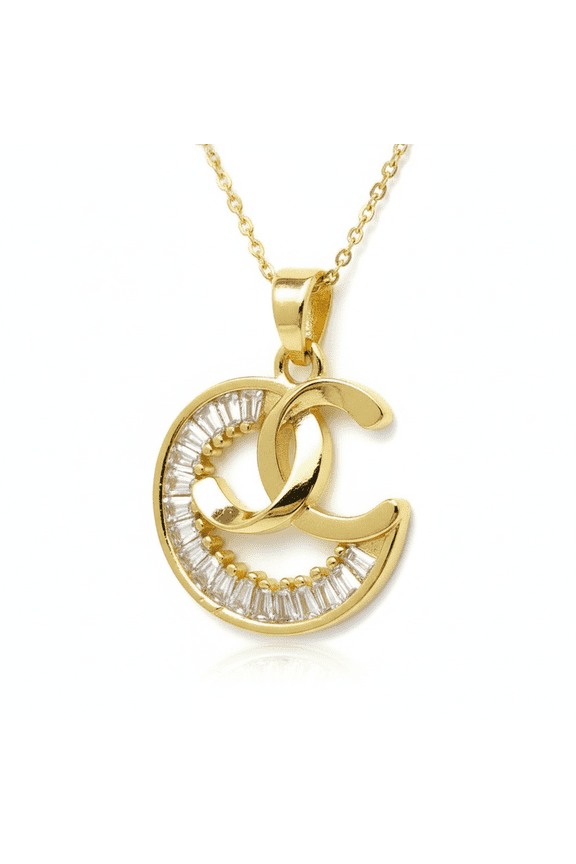 stainless steel double c pendant necklace gold plated with cubic zirconia stone fancy charm 18x16mm with 18 inch cable chain handmade jewelry |SN_CHP_0018