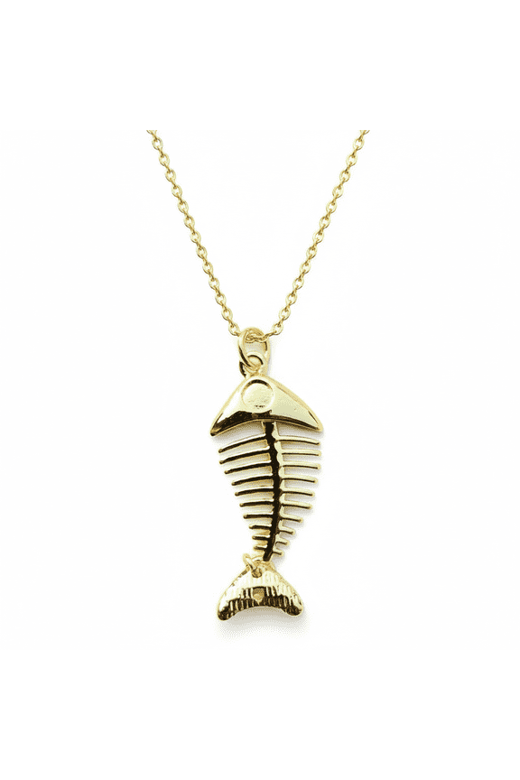 stainless steel fish bone pendant necklace gold plated fish shape charm jewellery 27x14mm with 18 inch cable chain handmade jewellry |SN_CHP_0191