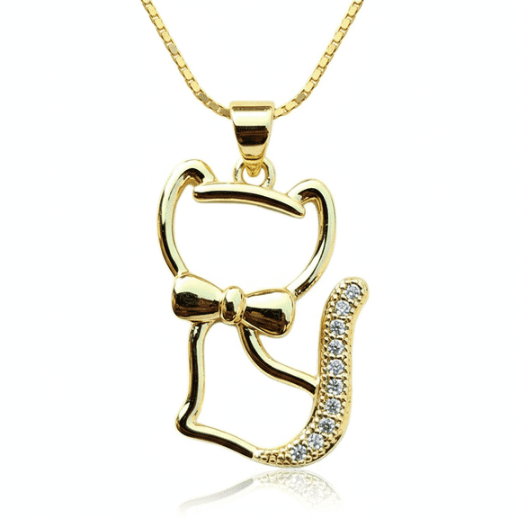 stainless steel kitty bow pendant necklace gold plated with cubic zirconia stone fancy charm 23x16mm with 18 inch cable chain handmade jewelry |SN_CHP_0050