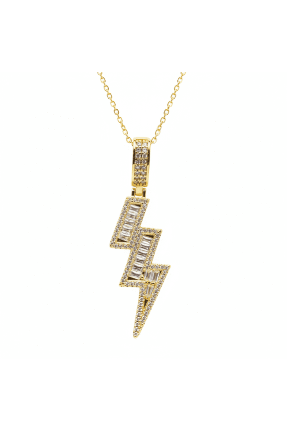 stainless steel lightning bolt sign pendant necklace gold plated with cubic zirconia stone power sign charm 35x16mm with 18 inch cable chain handmade jewelry |SN_CHP_0108