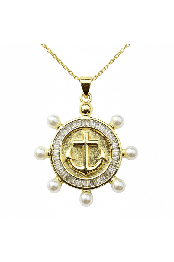 stainless steel nautical anchor cross pendant necklace gold plated with cubic zirconia stone round charm 29mm with 18 inch cable chain handmade jewelry |SN_CHP_0082