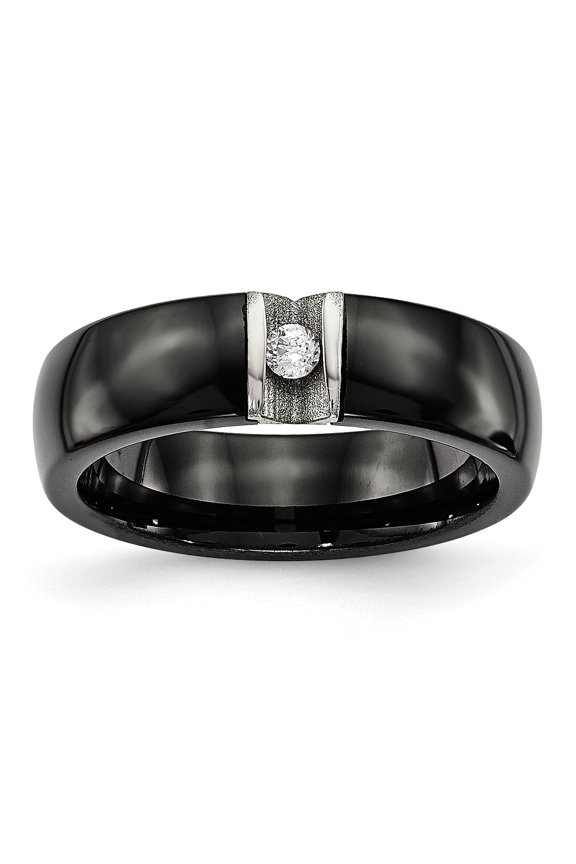 stainless steel polished & laser cut black ceramic cz ring