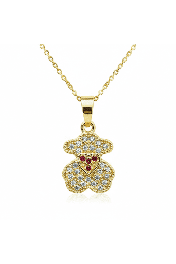 stainless steel teddy bear pendant necklace gold plated with cubic zirconia stone teddy charm 17x12mm with 18 inch cable chain handmade jewelry |SN_CHP_0013