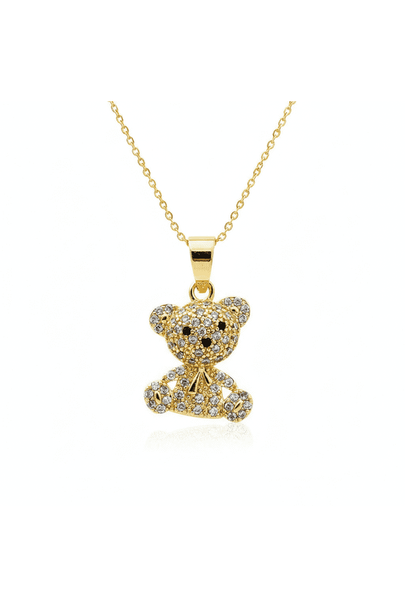 stainless steel teddy bear pendant necklace gold plated with cubic zirconia stone teddy charm 17x13mm with 18 inch cable chain handmade jewelry |SN_CHP_0014