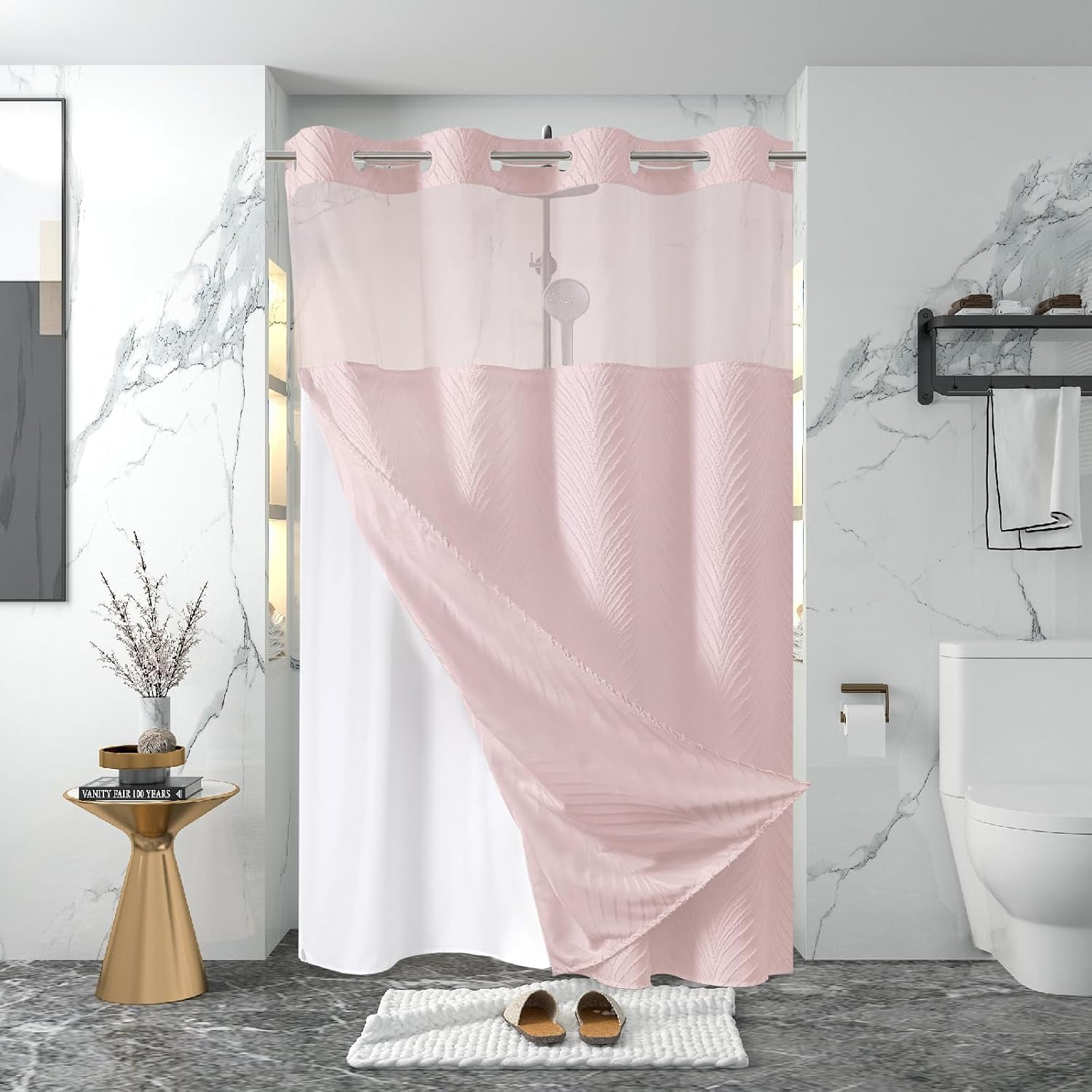 stall no Hook Tufted Shower Curtain with snap in Liner Set, White
