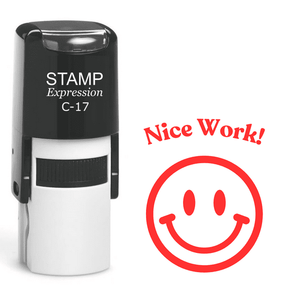 stampexpression - Nice Work Smiley Face Teacher Self Inking Rubber Stamp - Red Ink (A-61764)