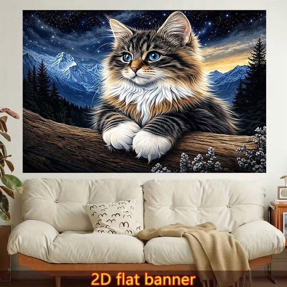 A starry sky, snowy mountain, and Maine Coon cat themed tapestry, made of polyester fiber, is easy to hang and suitable for wall decoration in living rooms, bedrooms, offices, and family parties.
