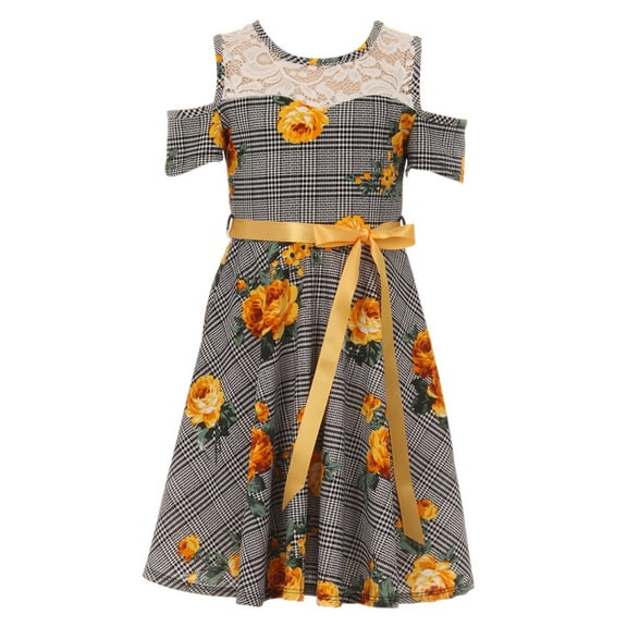 Little Girls Classy Cold Shoulder Lace Floral Checker Birthday Party Flower Girl Dress Yellow 6 (2J1K3S0)