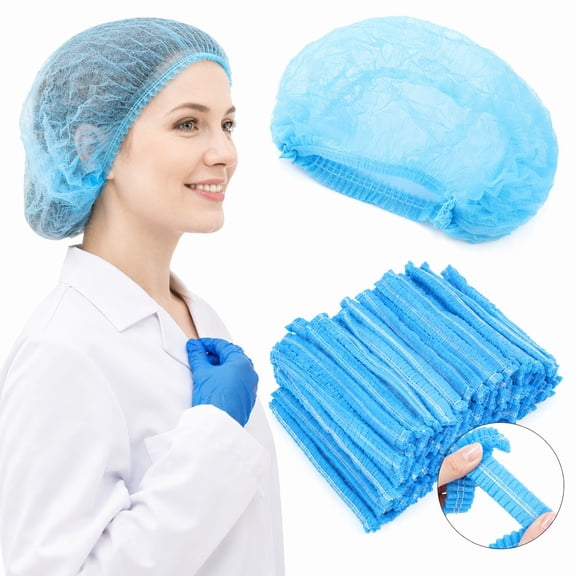 stcellnmex 100 Pcs Disposable Bouffant Caps Bulk Elastic Dust Hairnets for Food Service Nurses Labs Blue 21 Inch