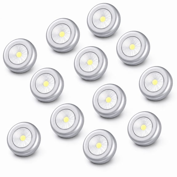 stcellnmex 12 Pack Push Tap Puck Light 2.68 Inch Mini Wireless Touch LED Night Light 60 Lumens Battery Operated Stick on Lights for Under Cabinet Kitchen Counter Closet Wall Silver