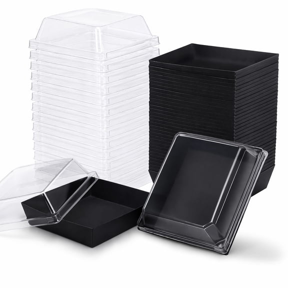 stcellnmex 20 Pcs Paper Charcuterie Boxes with Clear Lids 4.5 Inch Disposable Cake Square Dessert Container Bakery Boxes with Rope for Food Cake Slice Cookie Sandwich Dessert Black