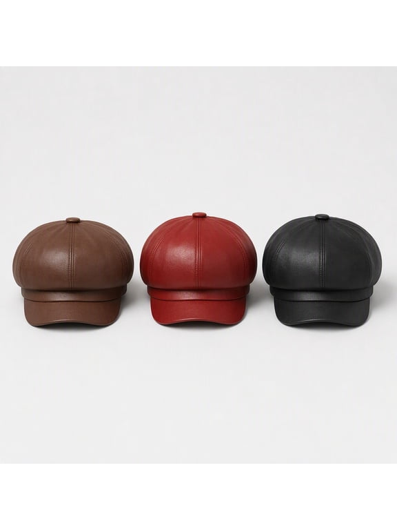 3 Pcs Women Newsboy Hats PU Leather Visor Beret Cabbie Hat 8 Panel Vintage Fiddler Cap Faux Leather Baker Hat