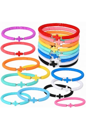 30 Pcs Cross Bracelets Bulk Jesus Bracelets Handmade Elastic Colorful Polymer Clay Bead Religious Wristbands Christian Wristband for Women Easter VBS Gift Rainbow