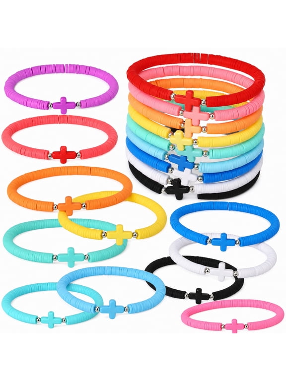 30 Pcs Cross Bracelets Bulk Jesus Bracelets Handmade Elastic Colorful Polymer Clay Bead Religious Wristbands Christian Wristband for Women Easter VBS Gift Rainbow