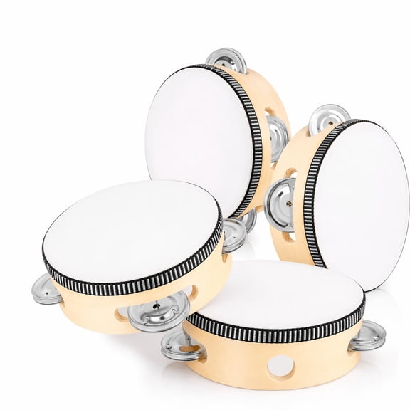 stcellnmex 4 Pcs 4 Inch Wedding Tambourine Bulk Hand Held Percussion Gift Wood Metal Jingles Musical Educational Drum Instrument for Church Party Favor