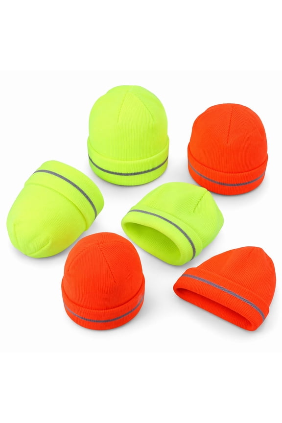 6 Pcs Reflective Beanie Knit Hat Safety High Visibility Hat with Reflective Strip for Men Outdoor Work Night Run